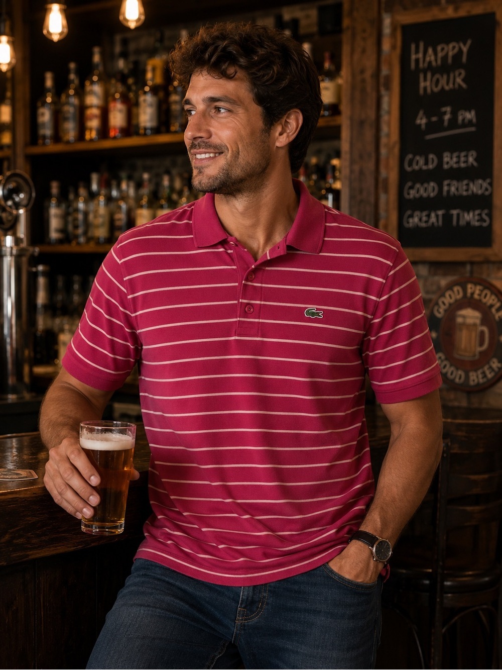 Vintage Izod Lacoste Men’s Burgundy Stripe Cotton Polo Shirt - L